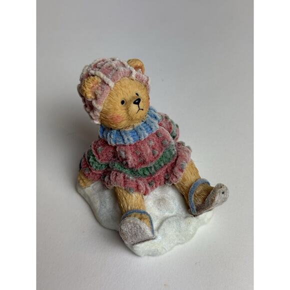 Vintage Fuzzy Flocked Teddy Bear Figurine Winter snow Scarf Decor‎ Collectible - Picture 1 of 5